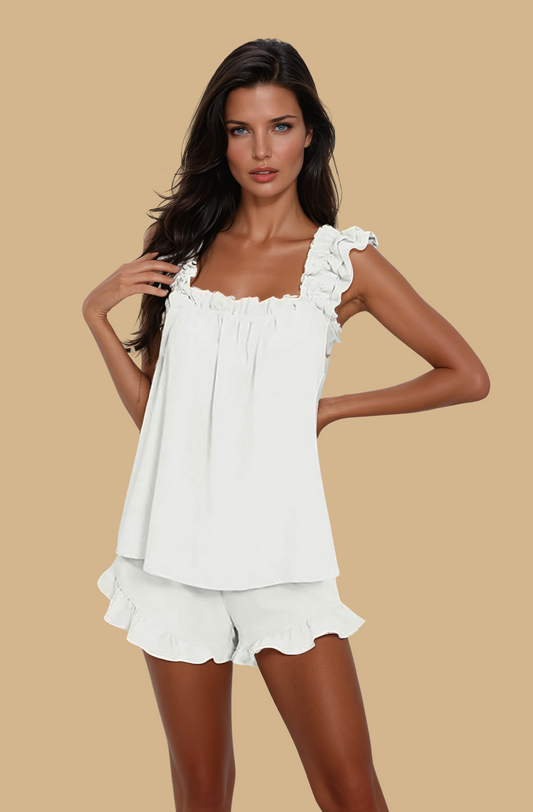 Missklara 2-teiliges weiches Pyjama-Set mit Rüschen-Tanktop und Shorts White