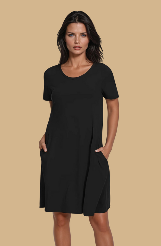 Missklara Lässiges T-Shirt-Kleid mit V-Ausschnitt und Taschen Black