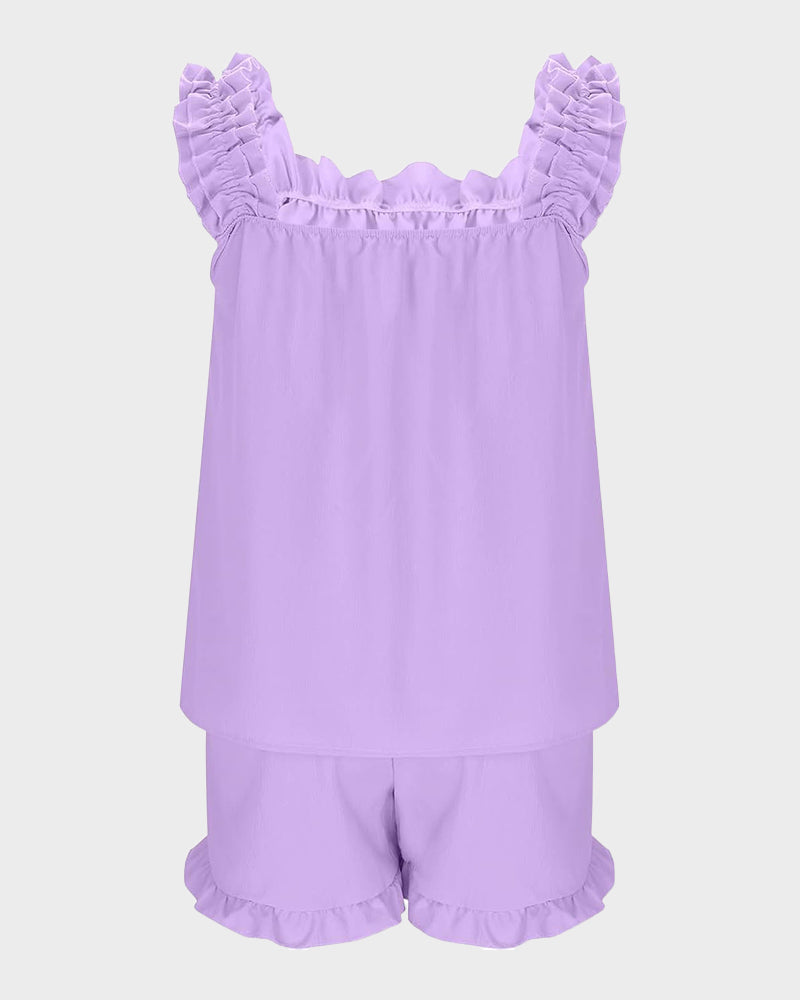 Missklara 2-teiliges weiches Pyjama-Set mit Rüschen-Tanktop und Shorts