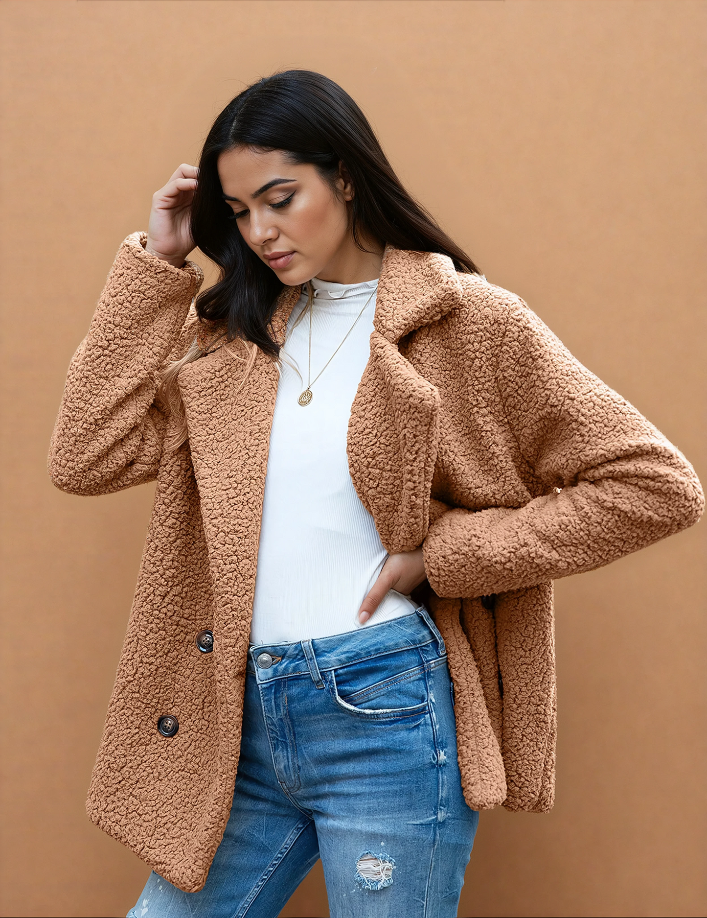 Missklara Flauschige Oversize-Capejacke Kamel