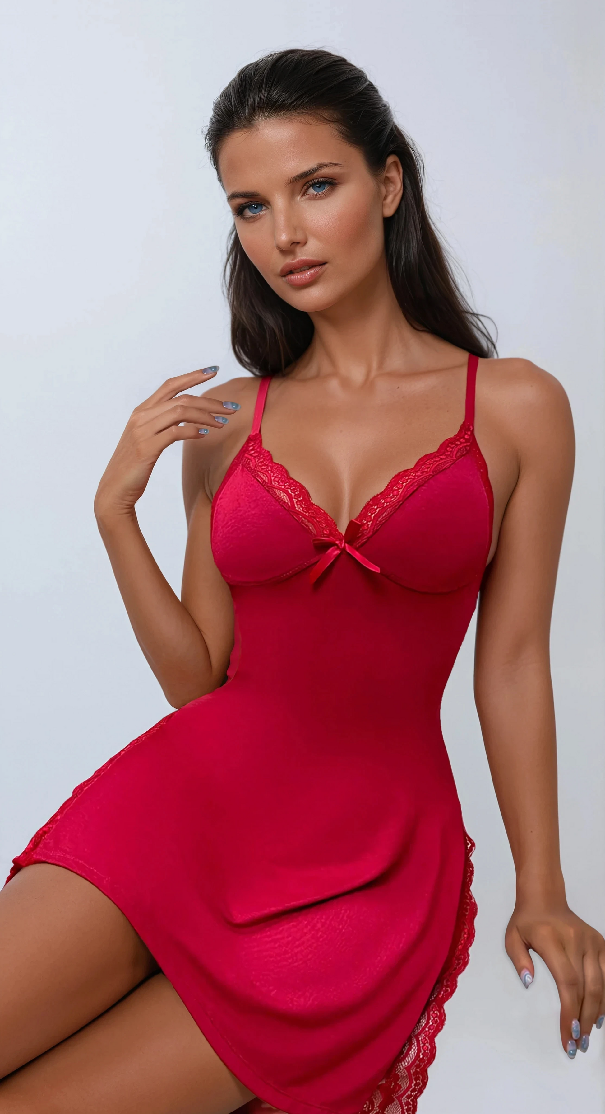 MissKlara Satin-Nachthemd mit Spitze und Schlitz Rot