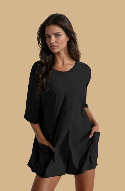 Lässiger Einteiler mit V-Ausschnitt am Rücken und Taschen Black