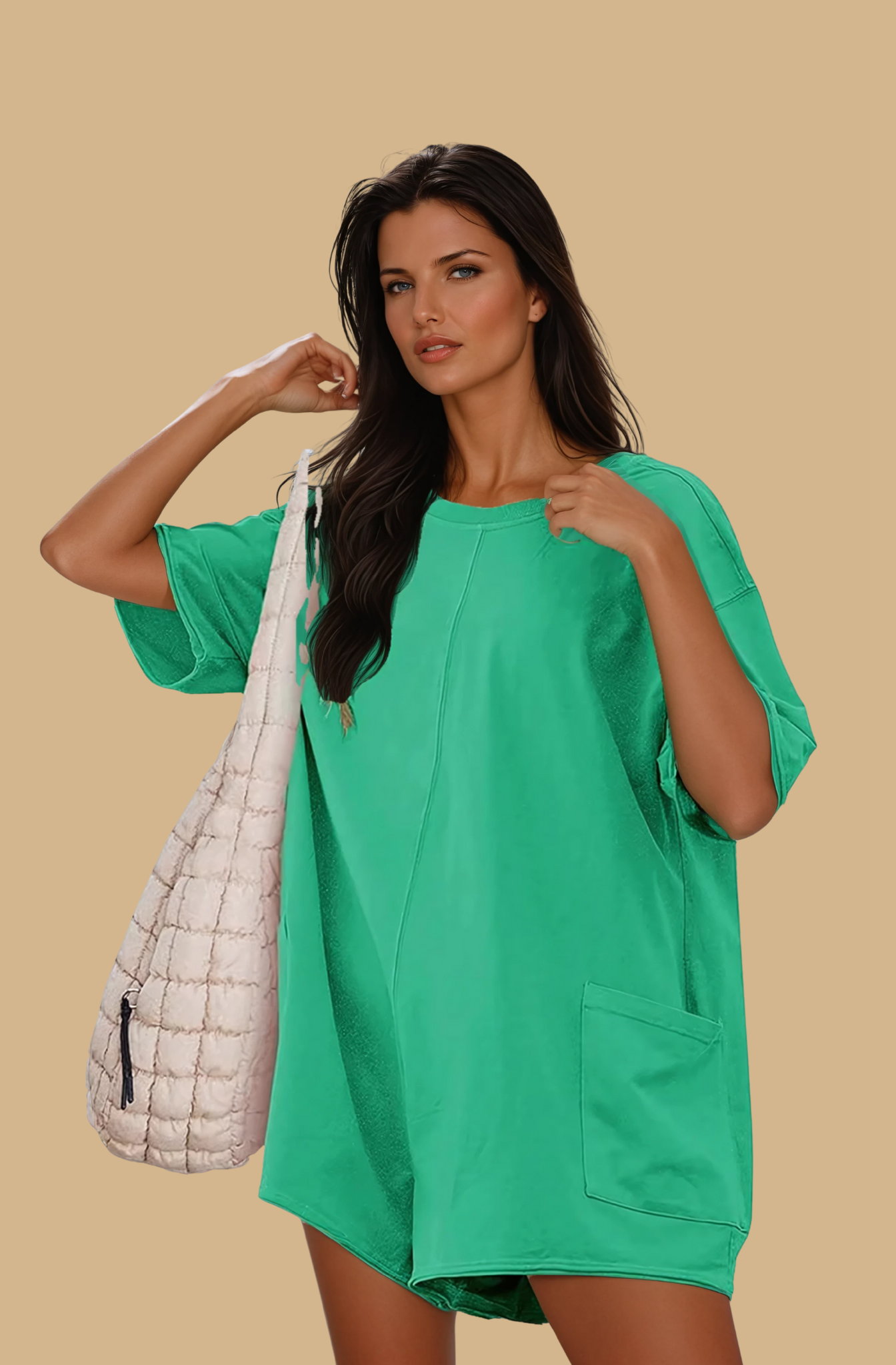 Lässiger Einteiler mit V-Ausschnitt am Rücken und Taschen Green