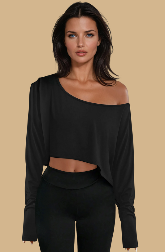 Missklara Lässiges Off-Shoulder-Oberteil mit langen Ärmeln und asymmetrischem Schnitt Black