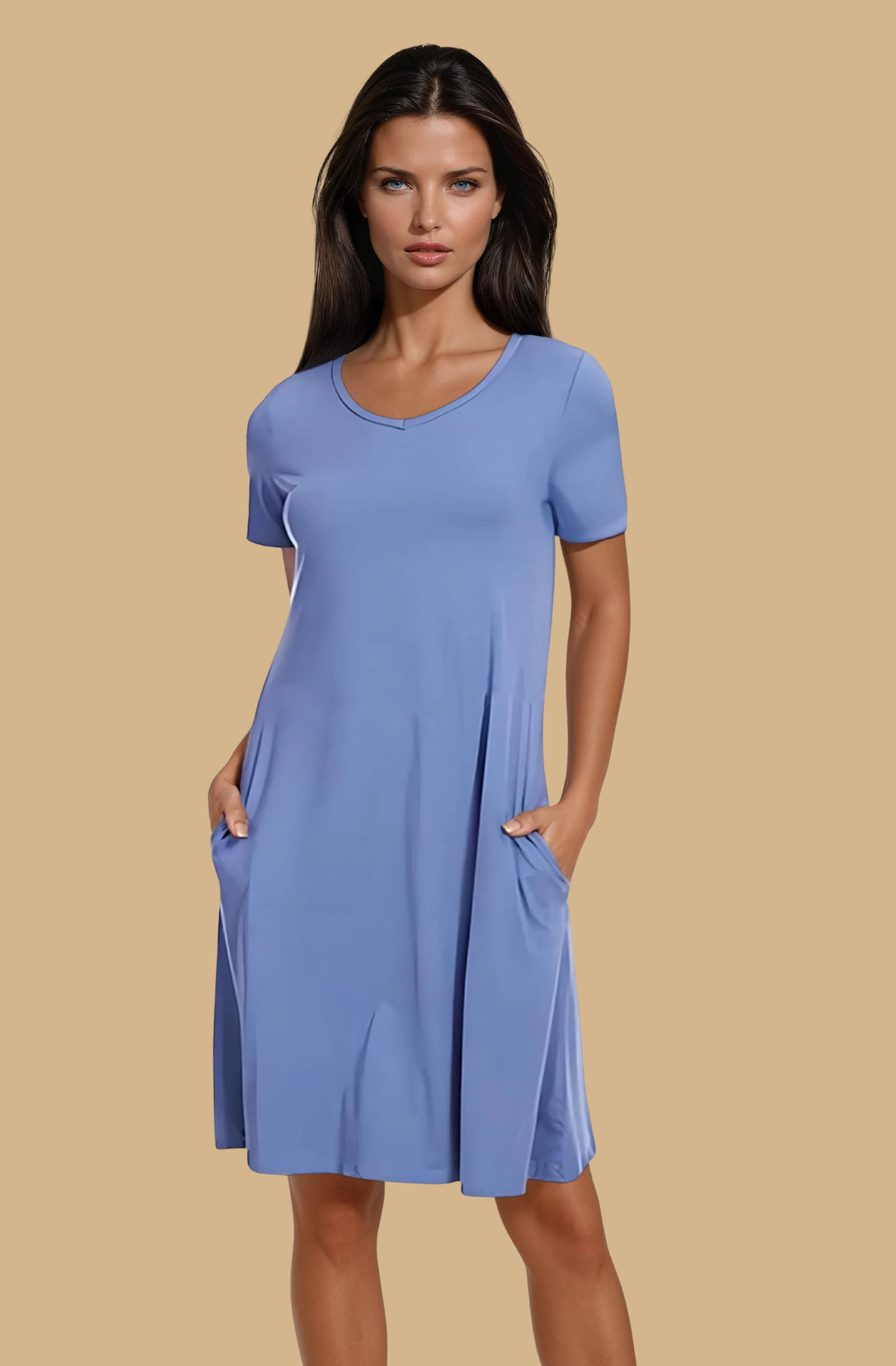 Missklara Lässiges T-Shirt-Kleid mit V-Ausschnitt und Taschen Light Blue