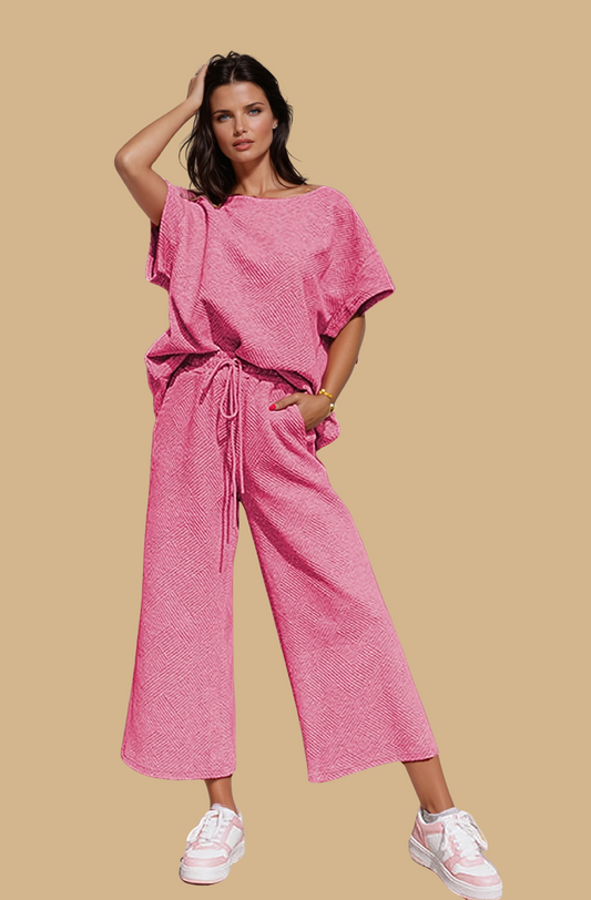 Zweiteiliges Lounge-Set aus strukturiertem Strick mit Kordelzug in der Taille Pink