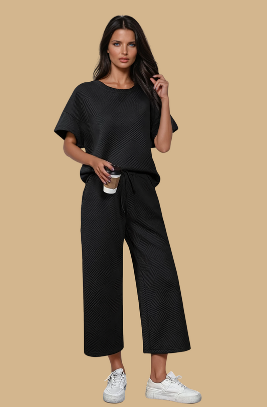 Zweiteiliges Lounge-Set aus strukturiertem Strick mit Kordelzug in der Taille Black