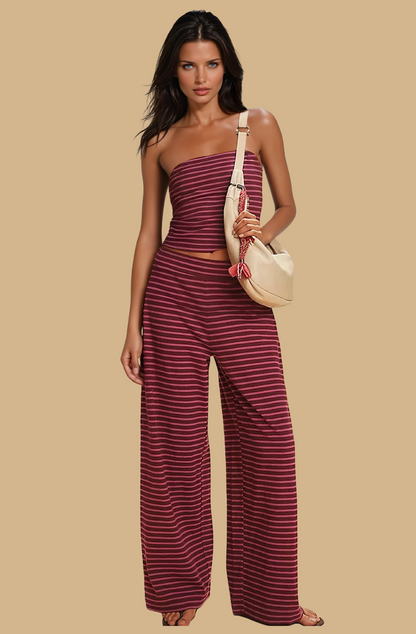 Missklara Gestreepte Tube Top & Wide-Leg Set Roesred
