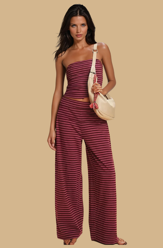 Missklara Gestreepte Tube Top & Wide-Leg Set Roesred