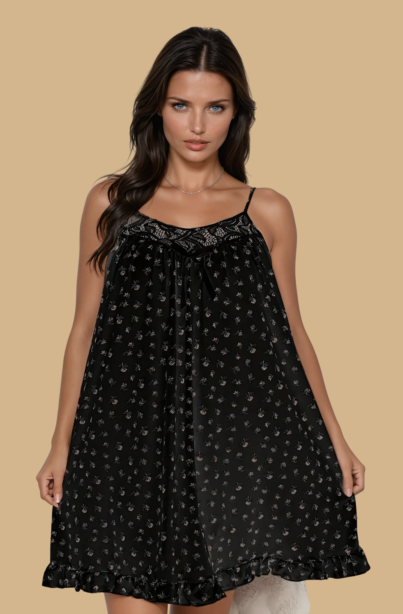 Verspieltes Schlafkleid mit Spitzenbesatz und Blumenmuster Black