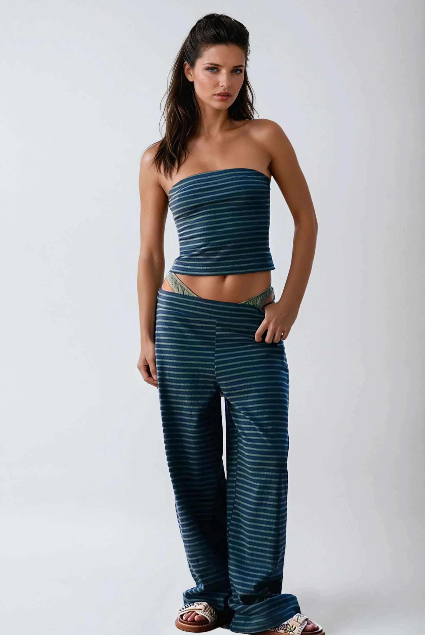 Missklara Gestreepte Tube Top & Wide-Leg Set Blue
