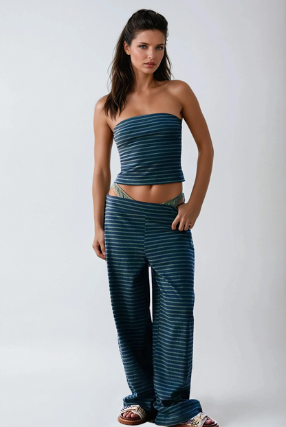 Missklara Gestreepte Tube Top & Wide-Leg Set Blue