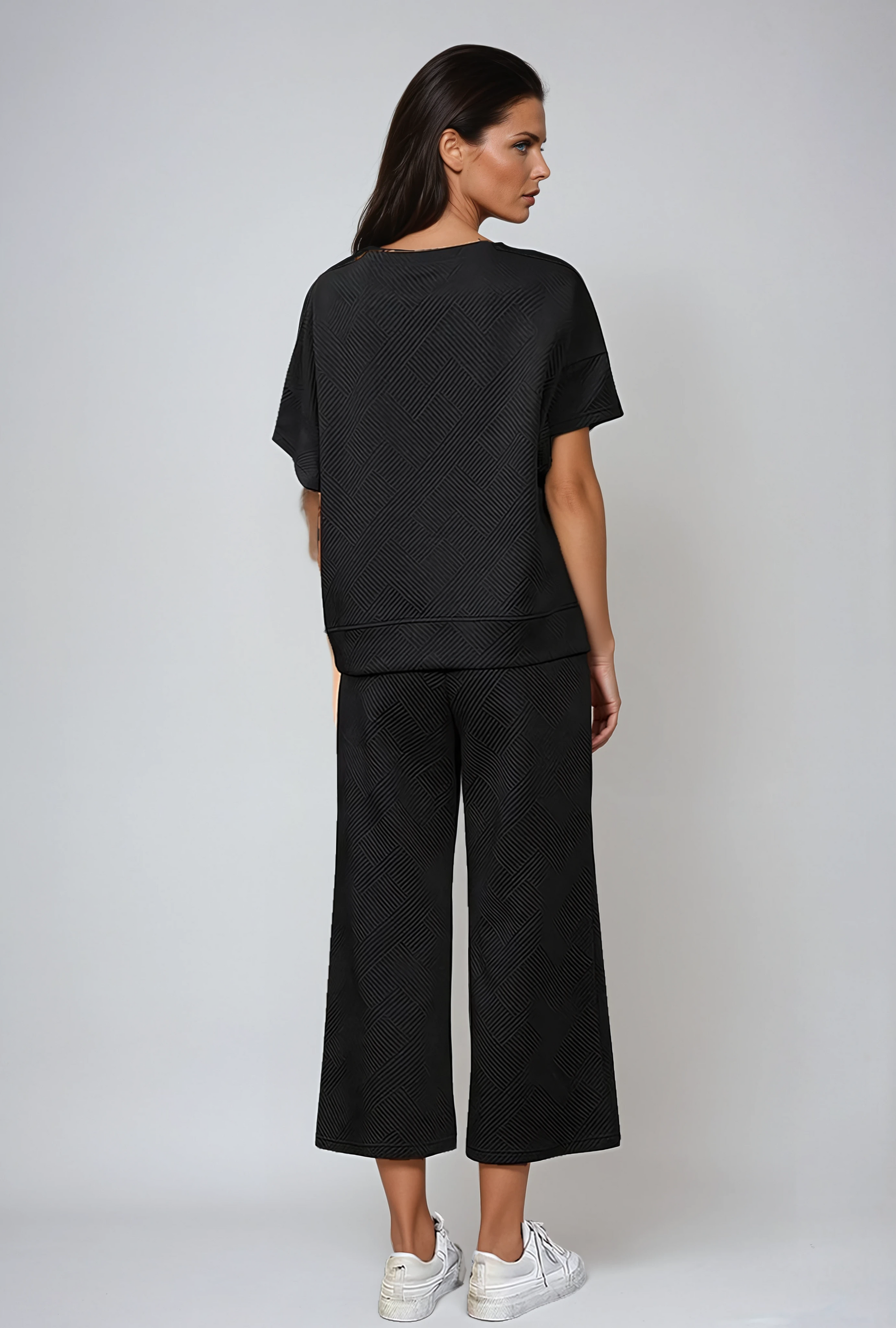 Zweiteiliges Lounge-Set aus strukturiertem Strick mit Kordelzug in der Taille