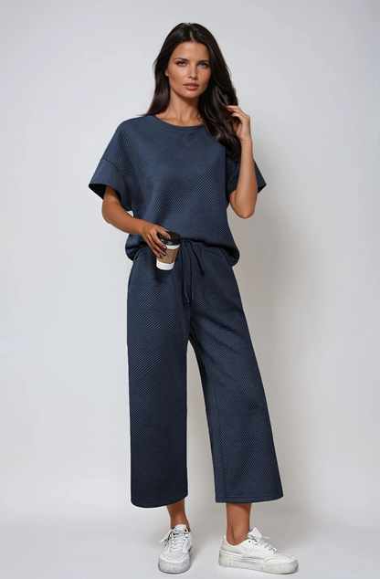 Zweiteiliges Lounge-Set aus strukturiertem Strick mit Kordelzug in der Taille Dark Blue