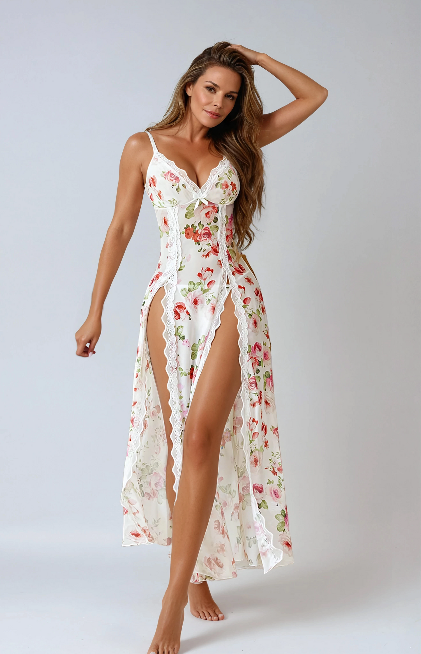 MissKlara Sexy Mesh V-Hals Lace Nachthemd Witte bloemen