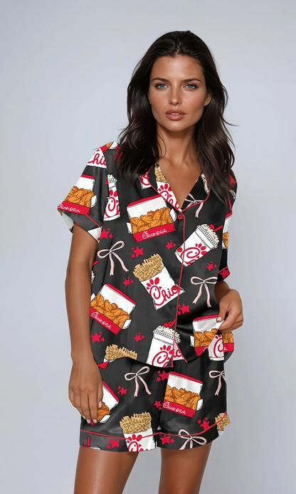 MissKlara Huhn Print Satin-Set Zwart