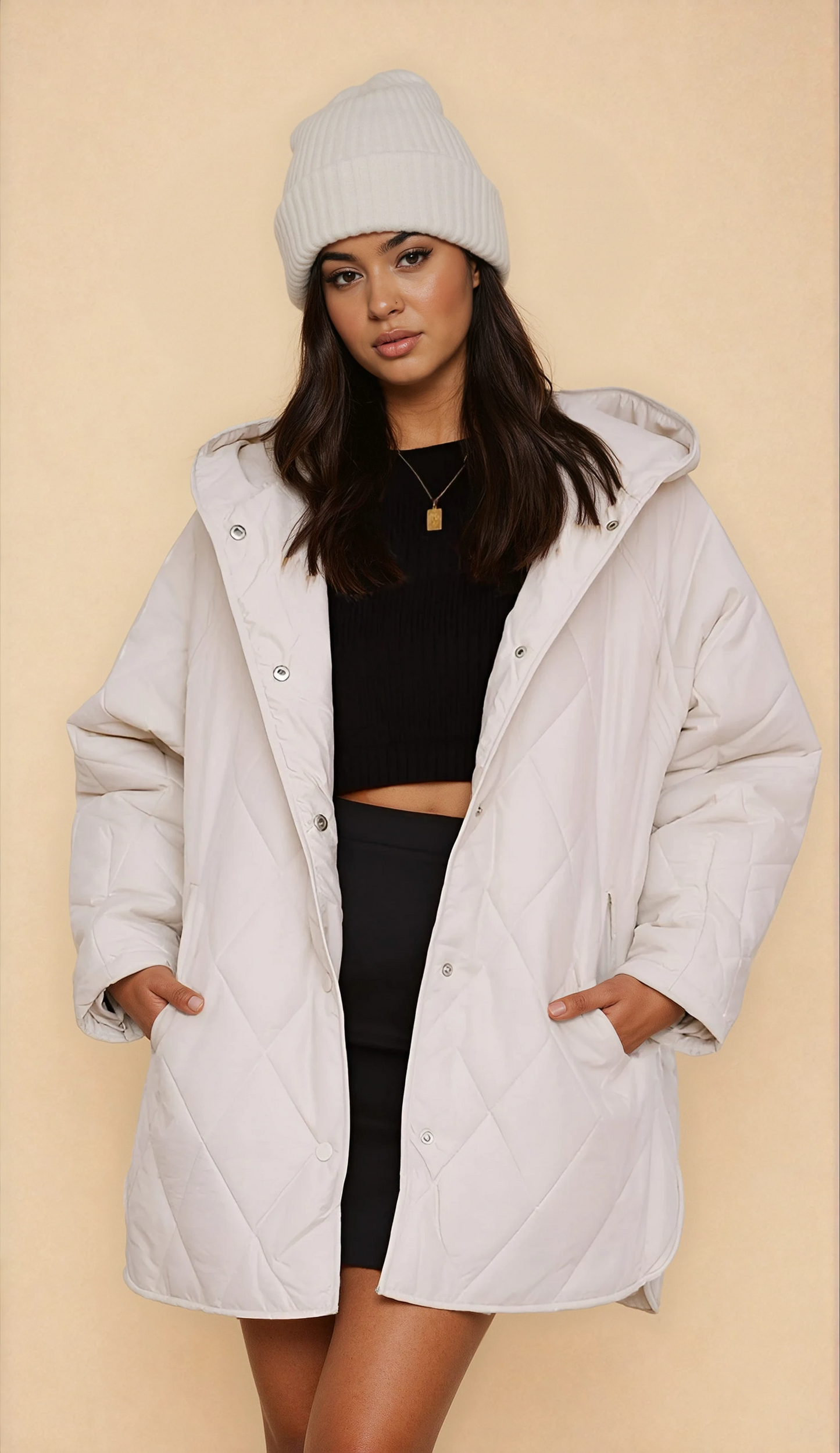 Missklara Diamant-Steppjacke mit Kapuze Weiß